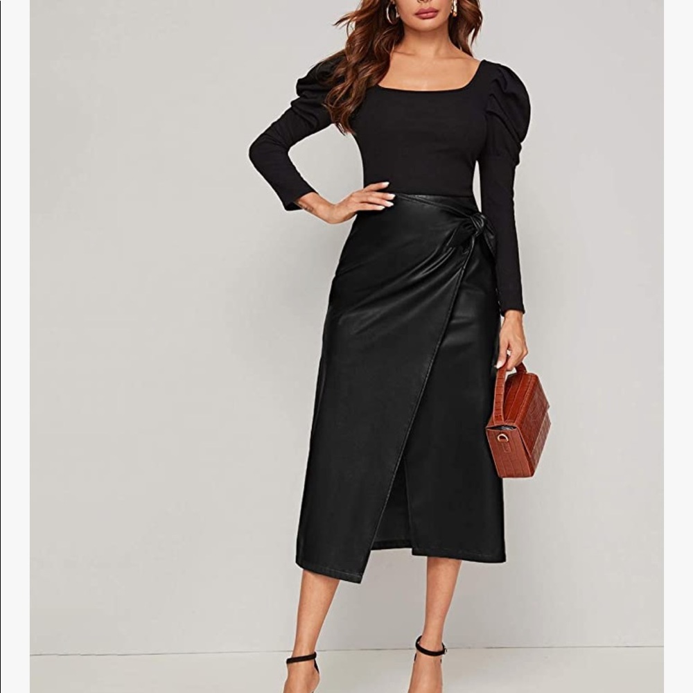 Elegant High Waisted Side Wrap Leather Skirt